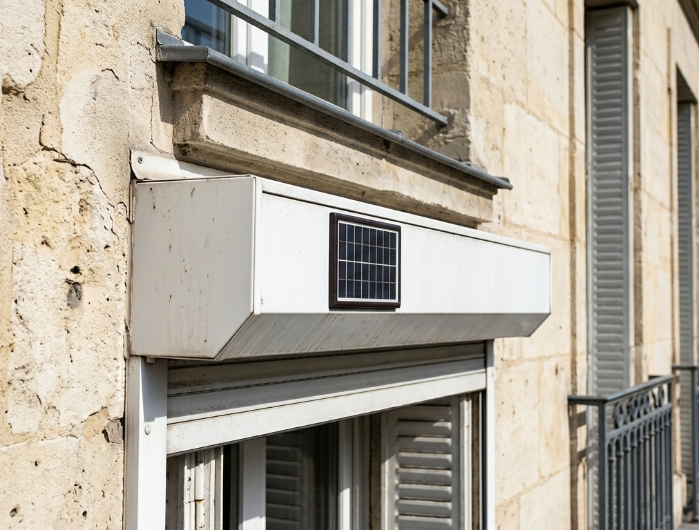 Volet roulant solaire avec petit panneau photovolta&iuml;que